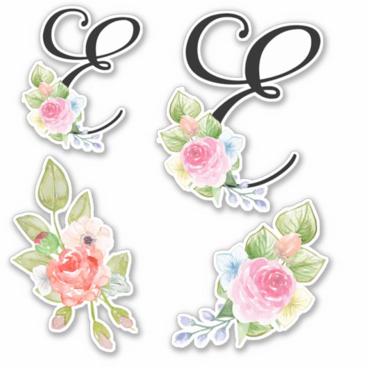 Waterverf bloemenschrift Monogram letter E Sticker (Voorkant)