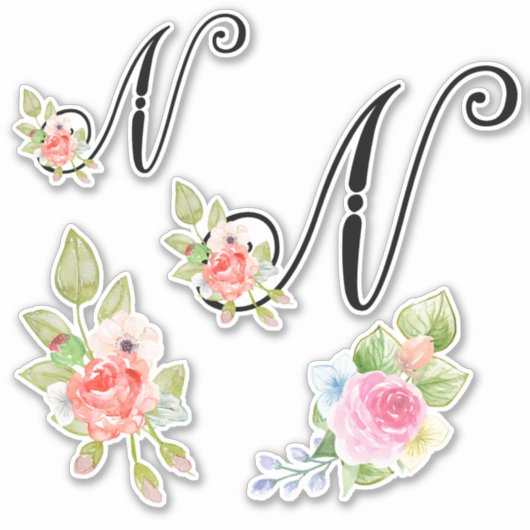 Waterverf bloemenschrift Monogram letter N Sticker (Voorkant)