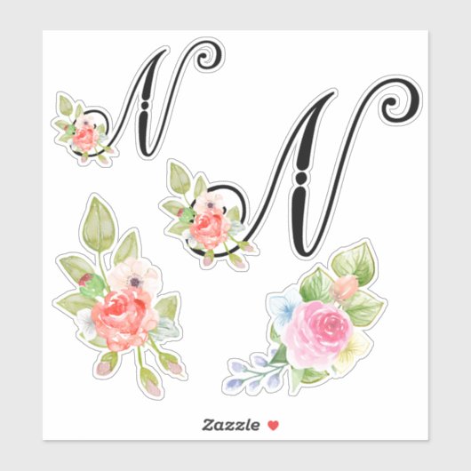 Waterverf bloemenschrift Monogram letter N Sticker (Vel)