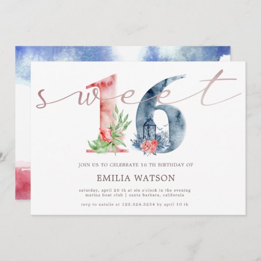 Waterverf bloemenschrift roos goudzoet zestien kaart (Voorkant / Achterkant)