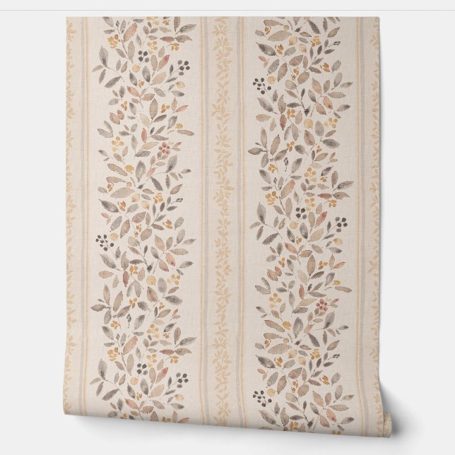 Waterverf bloemenstrepen warm okerbruin behang (Afrollen)