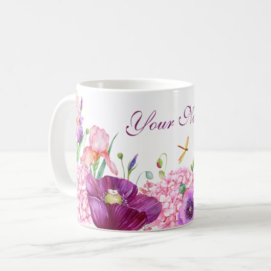 Waterverf Bloementak Vogel natuur Custom Name Koffiemok (Voorkant links)