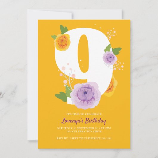 Waterverf Bloementuin 9e Verjaardagsfeest Save The Date (Voorkant)