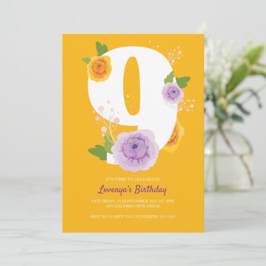 Waterverf Bloementuin 9e Verjaardagsfeest Save The Date (Staand voorkant)