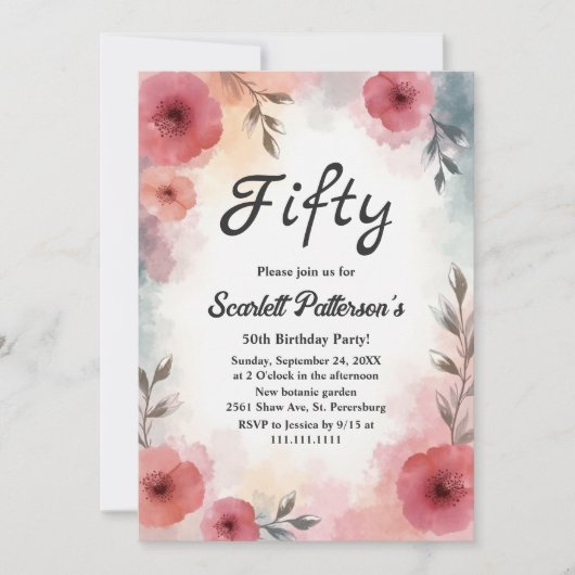 Waterverf Bloementuin Elegante 50e Verjaardag Kaart (Voorkant)