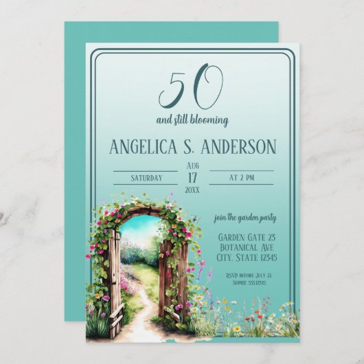 Waterverf bloementuin licht Blauwgroen 50e Verjaar Kaart (Voorkant / Achterkant)