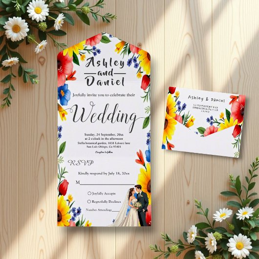 Waterverf Bloementuin Paar Zomer Huwelijk All In One Uitnodiging