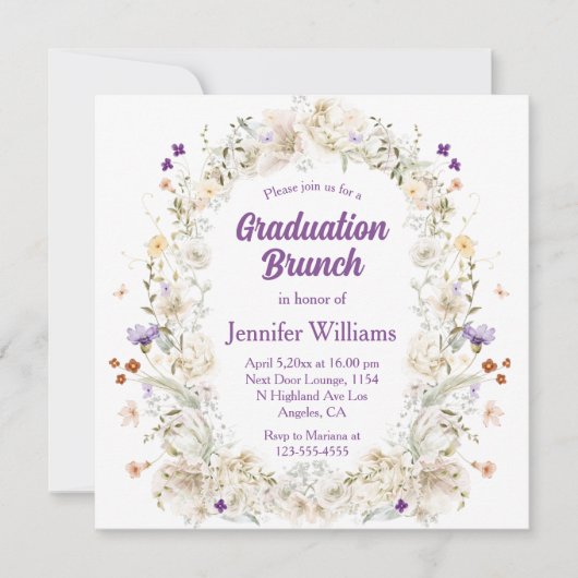 waterverf bloementuin paarse afstuderen brunch kaart (Voorkant)