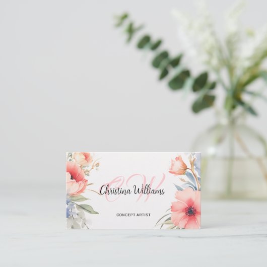 Waterverf bloemenuniek monogram visitekaartje (Staand voorkant)