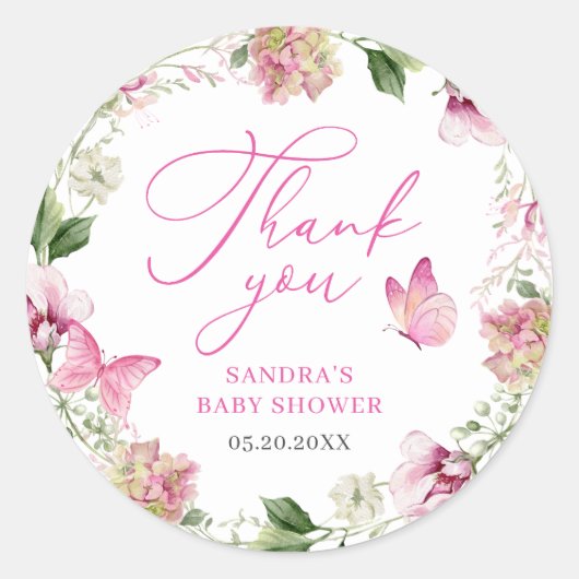 Waterverf Bloemenvlinder Dank u Baby shower Ronde Sticker (Voorkant)