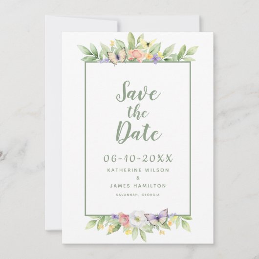 Waterverf Bloemenvlinder Elegant Bruiloft Groen Save The Date (Voorkant)