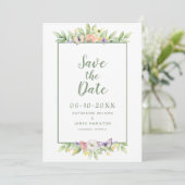 Waterverf Bloemenvlinder Elegant Bruiloft Groen Save The Date (Staand voorkant)