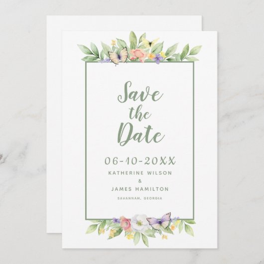 Waterverf Bloemenvlinder Elegant Bruiloft Groen Save The Date (Voorkant / Achterkant)