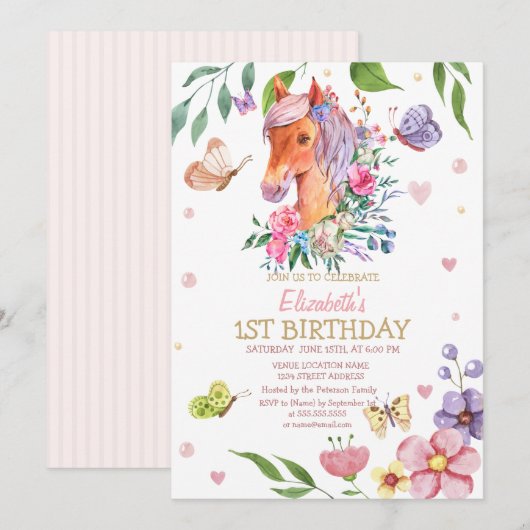 Waterverf Bloemenvlinder Pony Stripe Verjaardag Kaart (Voorkant / Achterkant)