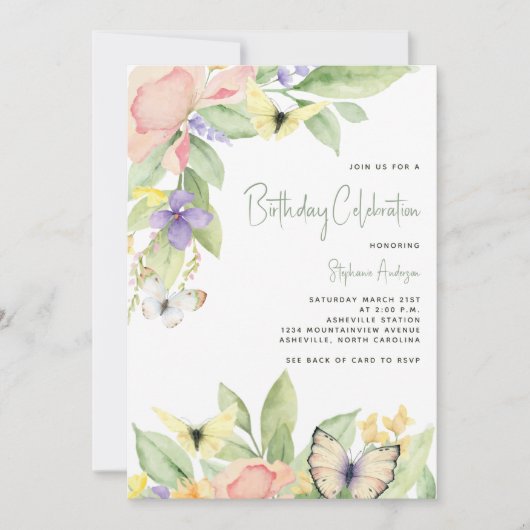 Waterverf Bloemenvlinder QR Code Verjaardagsfeest Kaart (Voorkant)