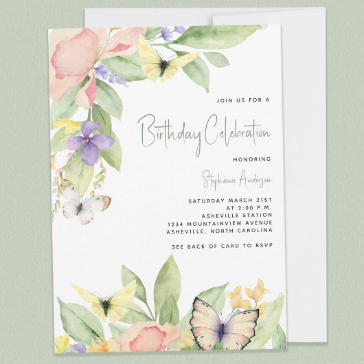 Waterverf Bloemenvlinder QR Code Verjaardagsfeest Kaart