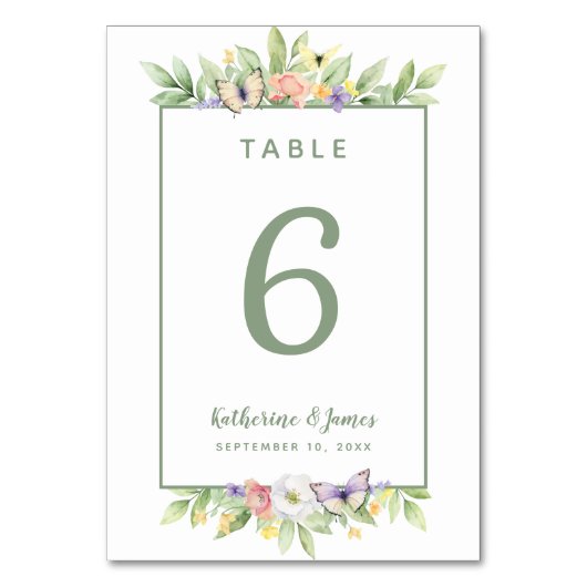 Waterverf Bloemenvlinders Bruiloft Salie Groen Kaart (Voorkant)