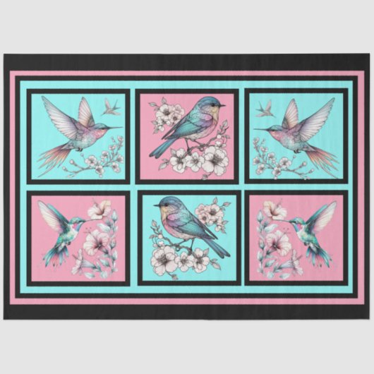 Waterverf Bloemenvogels op Tegel Decoupage Tissuepapier (Voorkant)