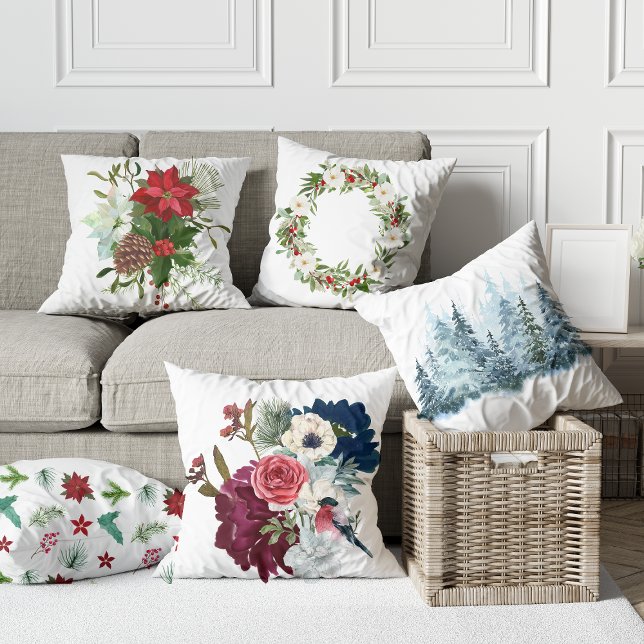 Waterverf bloemenwinter dennenbloemen Winterdecor Kussen (Creator heeft geüpload)