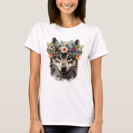 Waterverf Bloemenwolf T-shirt (Voorkant)