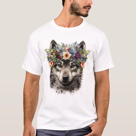 Waterverf Bloemenwolf T-shirt (Voorkant)