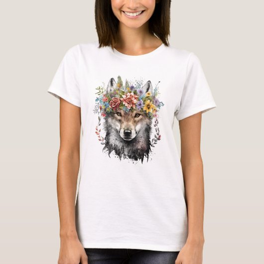 Waterverf Bloemenwolf T-shirt (Voorkant)