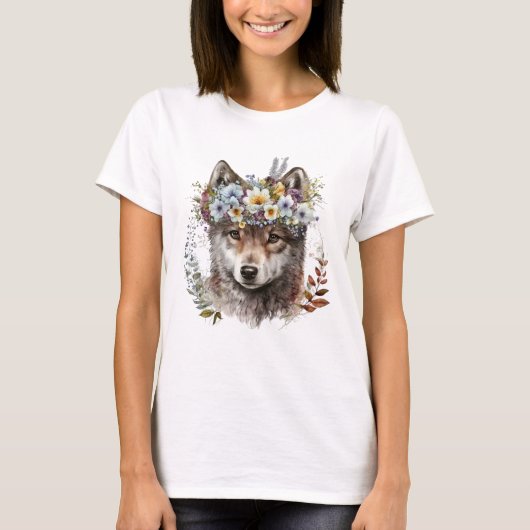 Waterverf Bloemenwolf T-shirt (Voorkant)