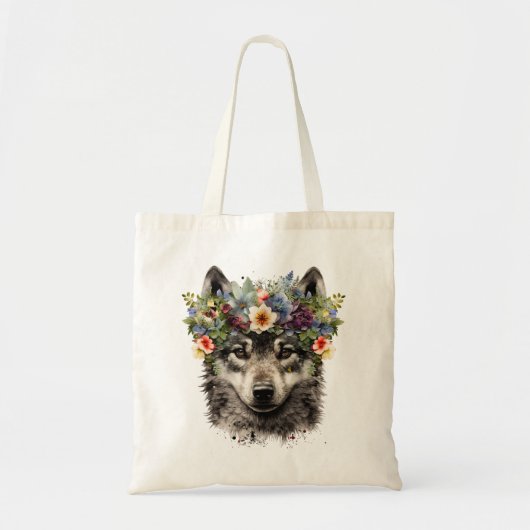 Waterverf Bloemenwolf Tote Bag (Voorkant)