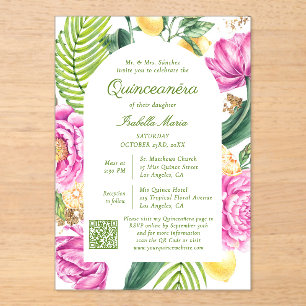 Waterverf Bloemfoto QR Code Quinceañera Acryl Uitnodigingen