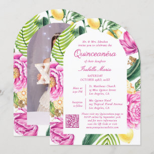 Waterverf Bloemfoto QR Code Quinceañera Kaart