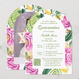 Waterverf Bloemfoto QR Code Quinceañera Kaart