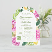 Waterverf Bloemfoto QR Code Quinceañera Kaart (Staand voorkant)