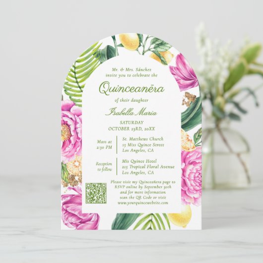 Waterverf Bloemfoto QR Code Quinceañera Kaart (Staand voorkant)