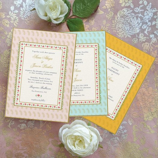 Waterverf bloemgrens Roze Indische bruiloft Kaart