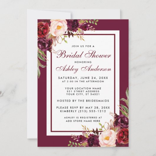 Waterverf Bloemig Bourgondië Bruidsdiner Kaart (Voorkant)