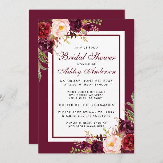 Waterverf Bloemig Bourgondië Bruidsdiner Kaart (Voorkant / Achterkant)