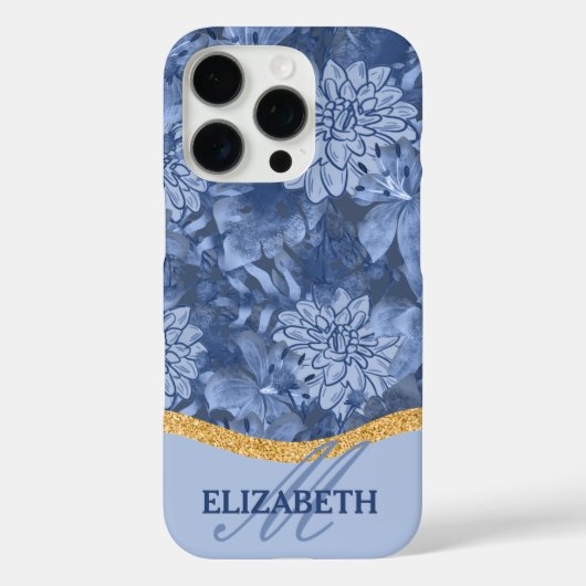 Waterverf Bloemig Initiaal Patroon - Blauw op Blau Case-Mate iPhone Case (Achterkant)