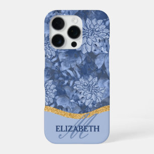 Waterverf Bloemig Initiaal Patroon - Blauw op Blau iPhone 16 Pro Hoesje