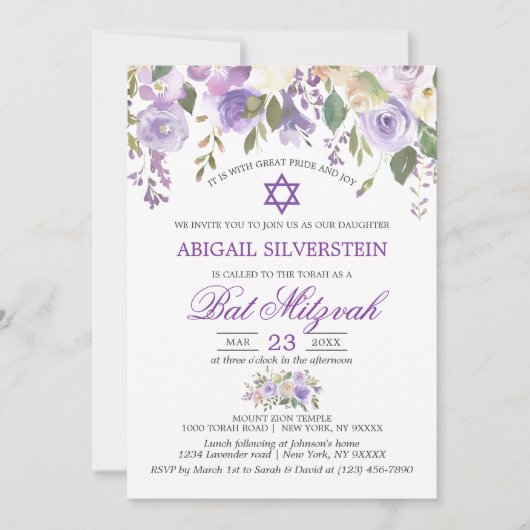 Waterverf Bloemig Lavendel Paars Ster Bat Mitzvah Kaart (Voorkant)