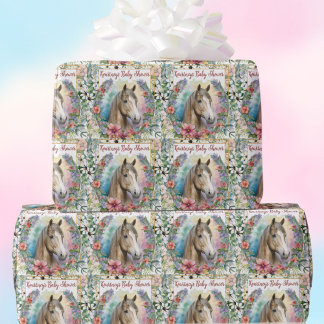 Waterverf Bloemig Paard Baby Shower Cadeaupapier