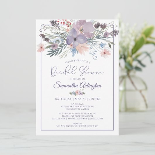 Waterverf Bloemig Paarse Sering Bruidsdouche Kaart (Staand voorkant)