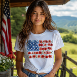 Waterverf Bloemige Amerikaanse Vlag Patriottische T-shirt
