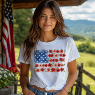 Waterverf Bloemige Amerikaanse Vlag Patriottische T-shirt
