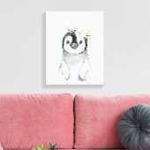 Waterverf Bloemige Baby Pinguïn Besneeuwde Dieren Canvas Afdruk (Insitu (Woonkamer))