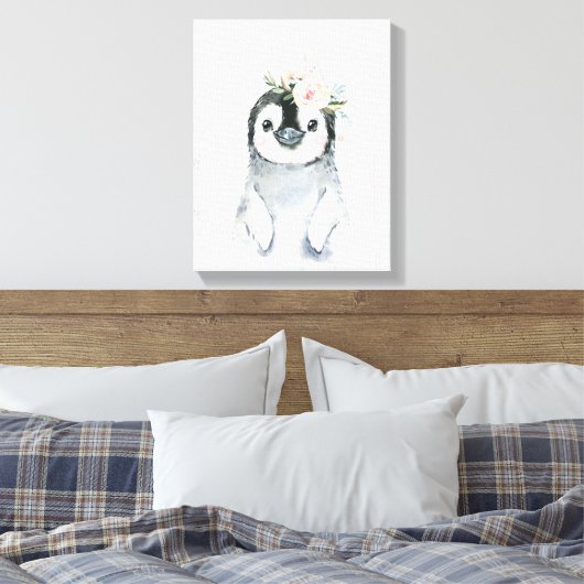 Waterverf Bloemige Baby Pinguïn Besneeuwde Dieren Canvas Afdruk (Insitu (Slaapkamer))