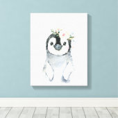 Waterverf Bloemige Baby Pinguïn Besneeuwde Dieren Canvas Afdruk (Insitu (Houten vloer))