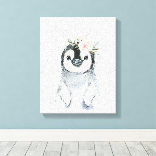 Waterverf Bloemige Baby Pinguïn Besneeuwde Dieren Canvas Afdruk (Insitu (Houten vloer))