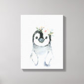 Waterverf Bloemige Baby Pinguïn Besneeuwde Dieren Canvas Afdruk (Voorkant)