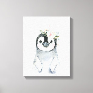 Waterverf Bloemige Baby Pinguïn Besneeuwde Dieren Canvas Afdruk
