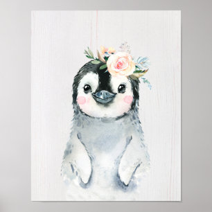 Waterverf Bloemige Baby Pinguïn, Besneeuwde Dieren Poster